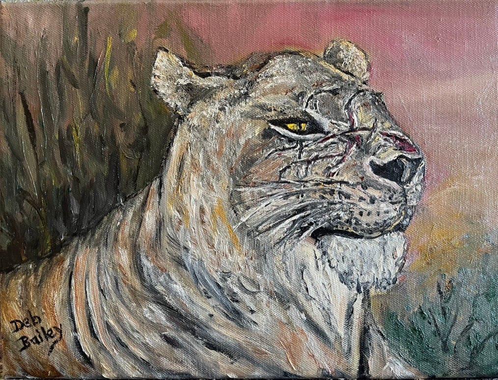 A scarred and elder lionness resting in the evening savannah grasses. Her face shows the scars of many battles, but also the quiet confidence she has gained from them, and the awareness she can still fight when needed, but knows not to waste her energy