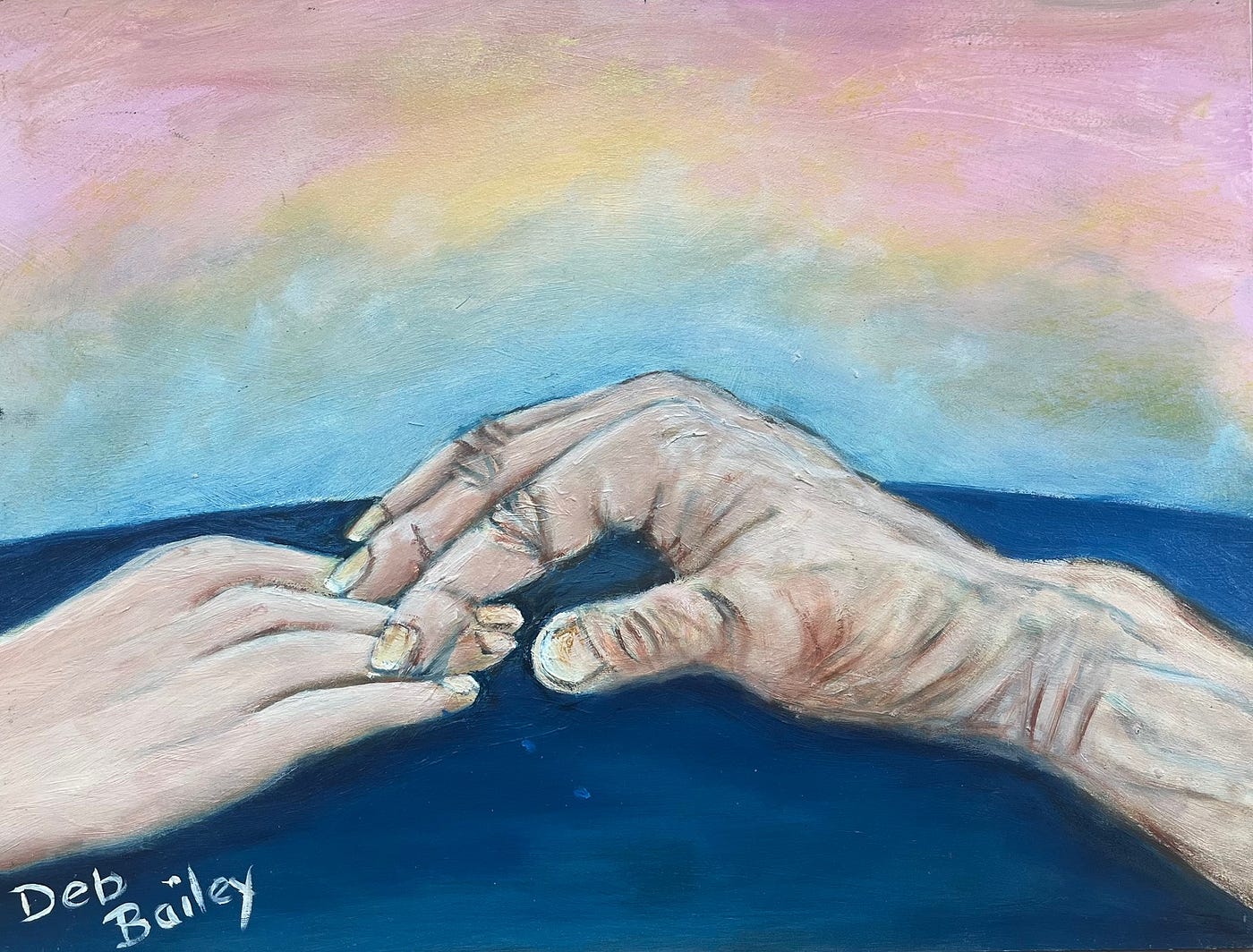 Light blue pink pastel background with a dark blue tabletop and two hands stretched across and reaching for each other - one from an older version of the author, and the other, the hand of the author at a younger age.