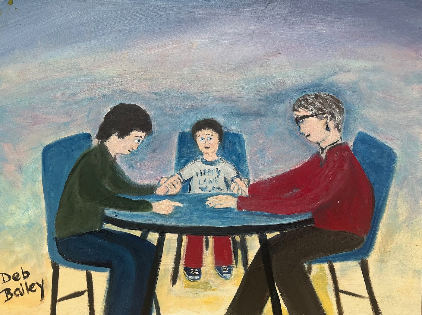 Painting of the 3 different ages of the author who have been at odds with each other for a lifetime, now reaching for each other to make amends. One is the young child, the next is the young adult who was hated by the holder adult for years. The third is the older adult making amends with them both.
