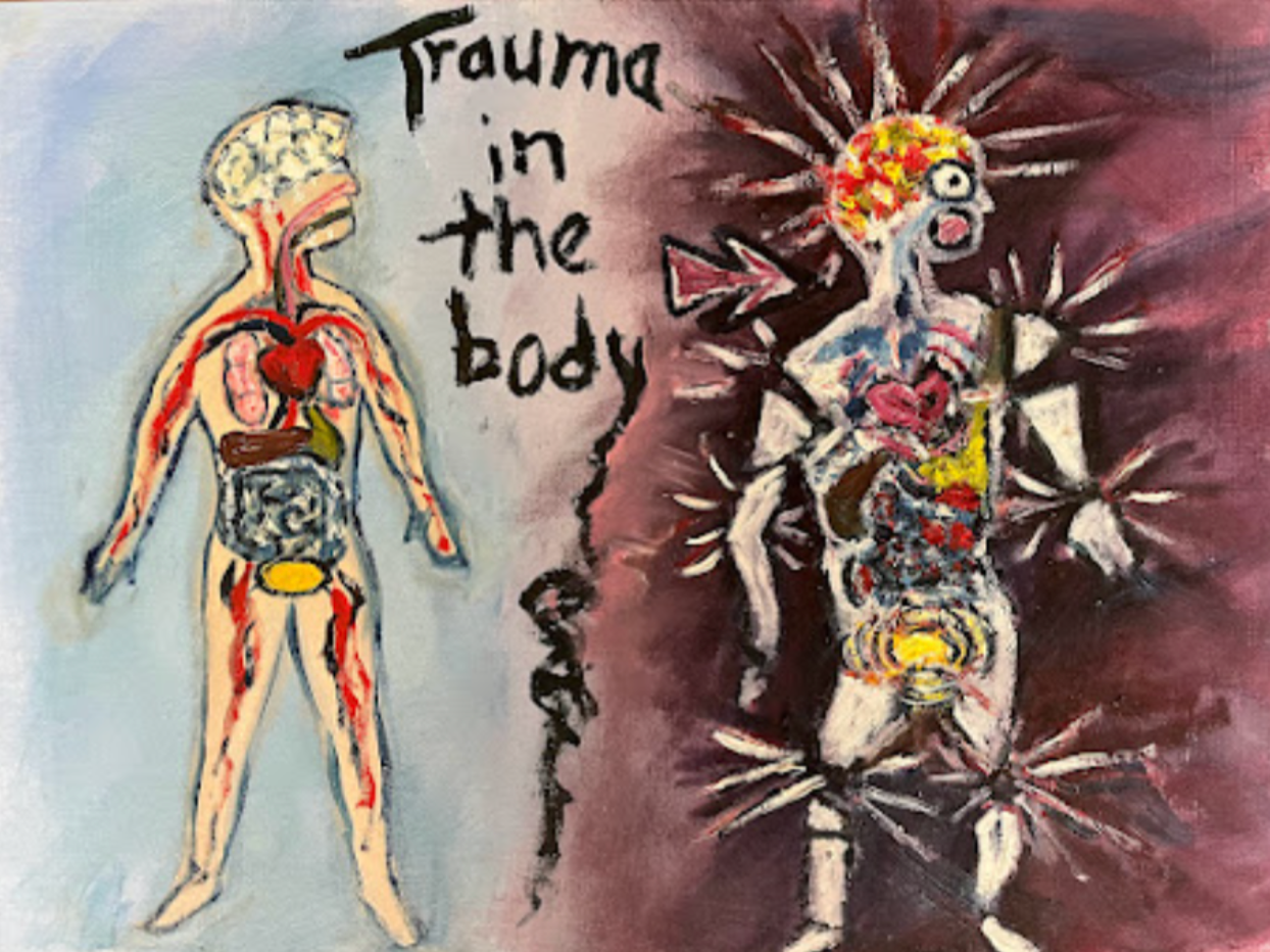 A graphical image of a normal person’s insides vs the throbbing broken insides of someone with PTSD and anxiety. That side the body looks disjointed, bright colors that almost scream at you, brain on fire, overactive bladder, upset intestines