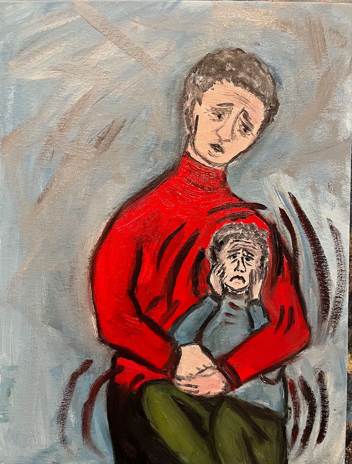 A painting of an older calm, compassionate adult holding their inner anxious self as that inner person struggles with anxiety. A way of calming and showing love to even the parts of ourselves we wish we didn’t have to feel.