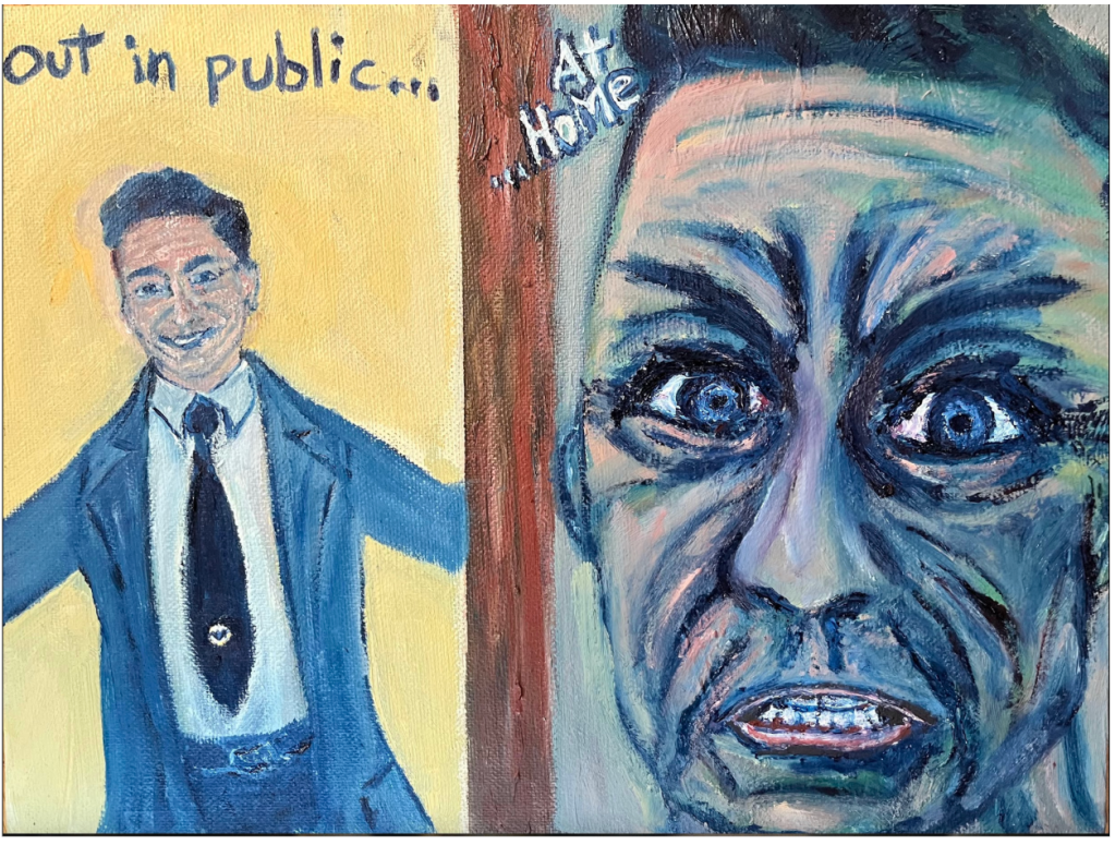 Oil painting showing two faces of her father - smiling happy relaxed man in suit on the left, with a light yellow background; on the righ a closeup of him, furious, teeth gritted, rage-filled eyes, done in tones of dark blues and gray and red