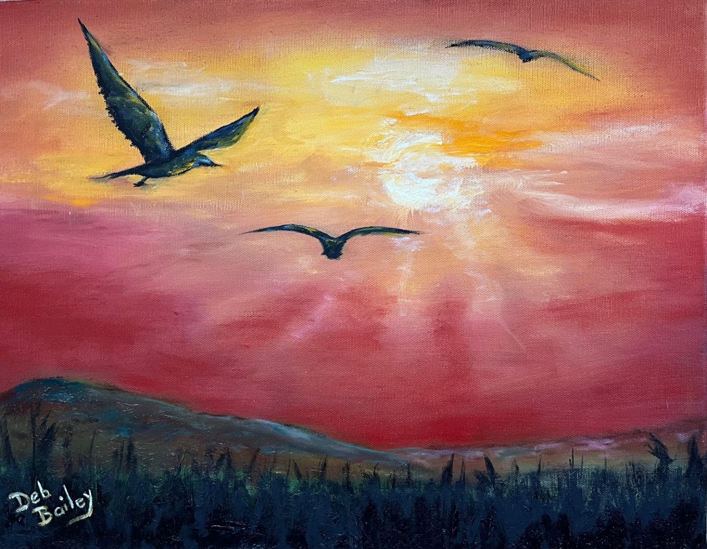 Oil painting of a red-orange-yellow sunrise sky over dark hills, with 3 birds majestically soaring overhead. Symbolizes the freedom of the author to speak her truth after 7 decades of silence.