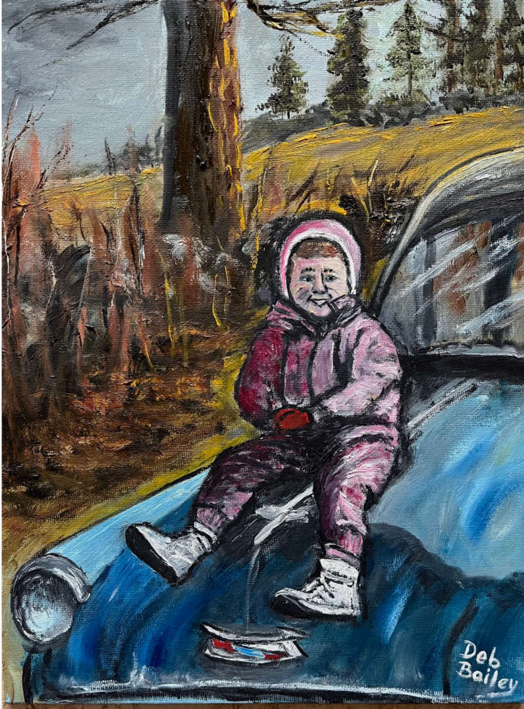 Color oil painting of the author as a 2-year-old toddler in a snowsuit in 1957 sitting on the hood of a light blue Chevy Belair sedan. The location is  Torrington, CT, Klug Hill Rd. on a sunny late afternoon in winter.
