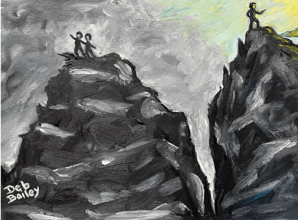 Two peaks with a widening gap between them. On one peak shrouded in dark clouds are two people looking in one direction; on the other, a solitary figure looking out over a serene sunny landscape. Sometimes, you just can't follow other people's paths but must set out on your own and blaze your own trail. And sometimes the gaps are not bridgeable no matter how hard you try
